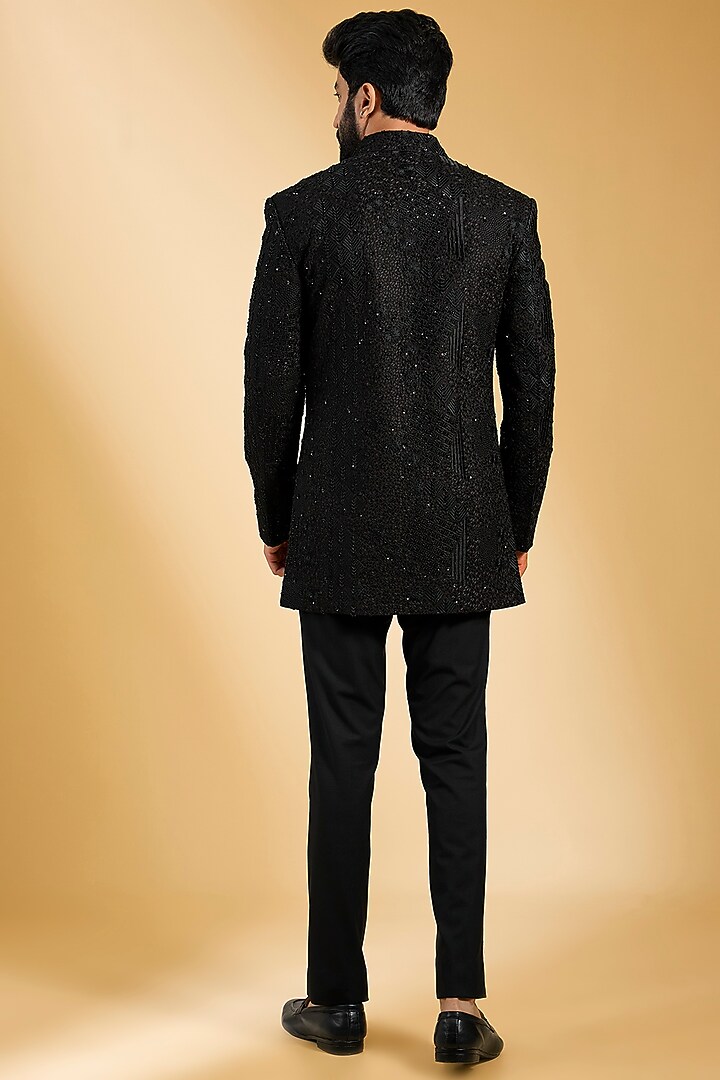 Black Crochet Hand Embroidered Wedding Indowestern Set by AMIT ARORA at Pernia's Pop Up Shop