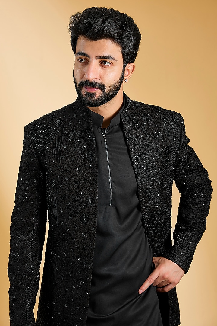 Black Crochet Hand Embroidered Wedding Indowestern Set by AMIT ARORA at Pernia's Pop Up Shop