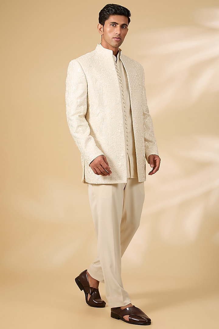Ivory Cotton Lycra & Crochet Wedding Indowestern Set by AMIT ARORA at Pernia's Pop Up Shop