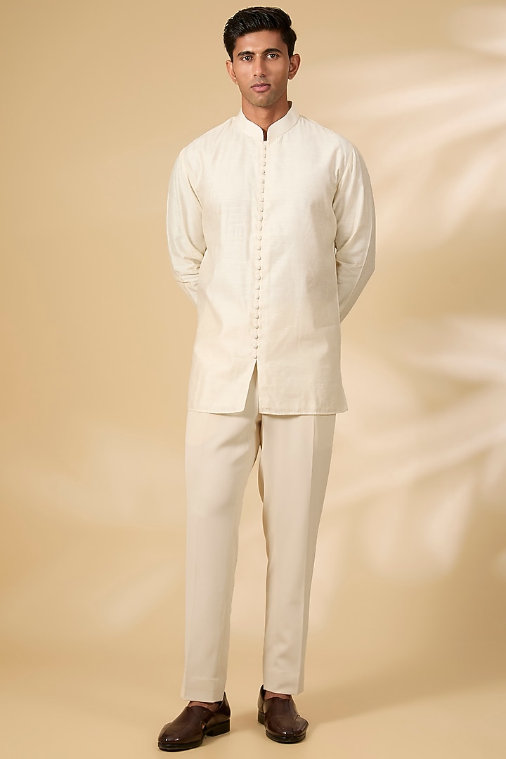 Ivory Cotton Lycra & Crochet Wedding Indowestern Set by AMIT ARORA at Pernia's Pop Up Shop