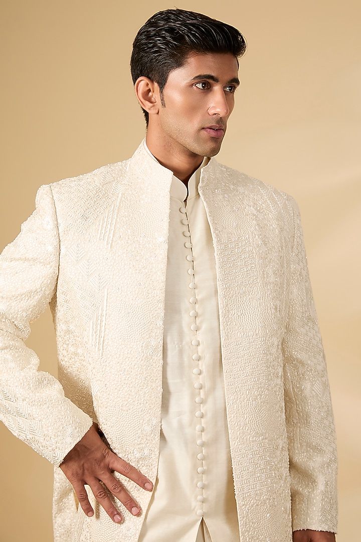 Ivory Cotton Lycra & Crochet Wedding Indowestern Set by AMIT ARORA at Pernia's Pop Up Shop