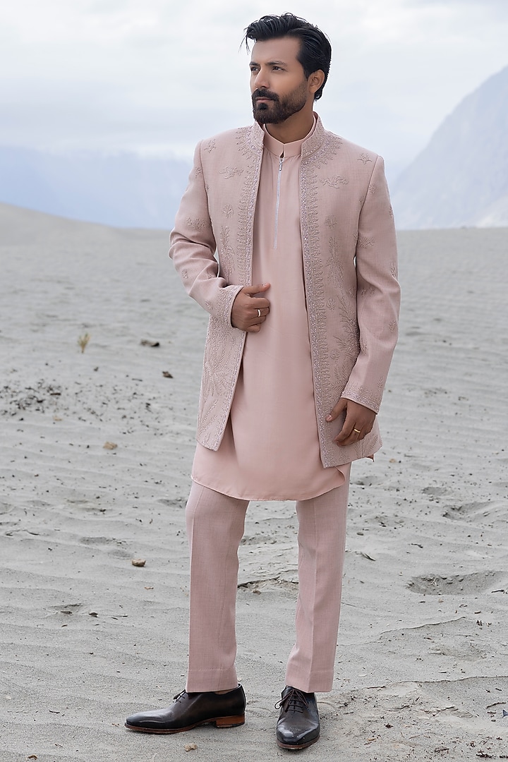 Pink Poly Twill Hand Embroidered Wedding Indowestern Set by AMIT ARORA at Pernia's Pop Up Shop
