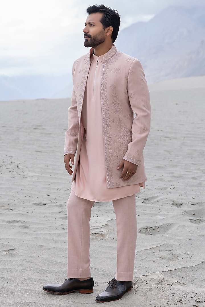 Pink Poly Twill Hand Embroidered Wedding Indowestern Set by AMIT ARORA at Pernia's Pop Up Shop