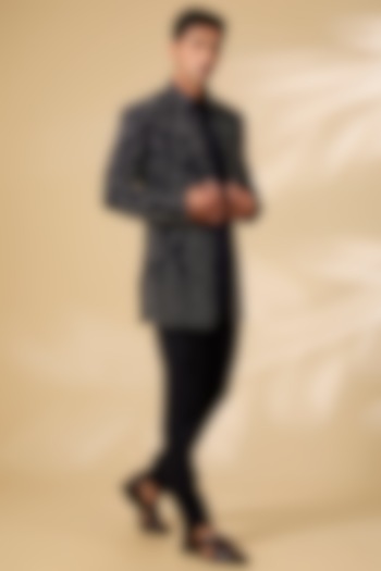 Navy Blue Poly Knit & Lycra Knit Wedding Indowestern Set by AMIT ARORA at Pernia's Pop Up Shop