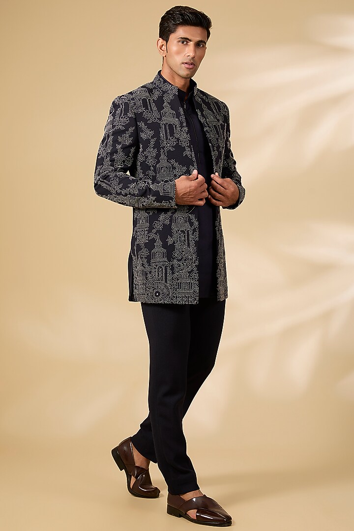 Navy Blue Poly Knit & Lycra Knit Wedding Indowestern Set by AMIT ARORA at Pernia's Pop Up Shop