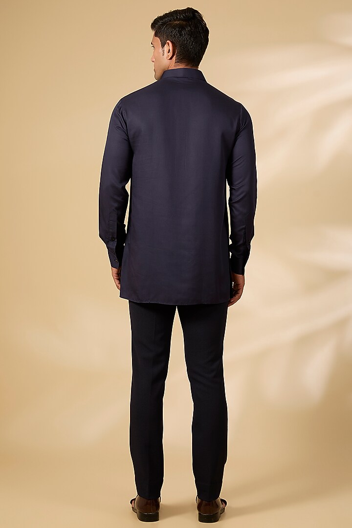 Navy Blue Poly Knit & Lycra Knit Wedding Indowestern Set by AMIT ARORA at Pernia's Pop Up Shop