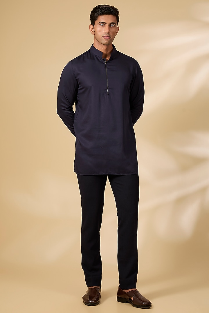 Navy Blue Poly Knit & Lycra Knit Wedding Indowestern Set by AMIT ARORA at Pernia's Pop Up Shop