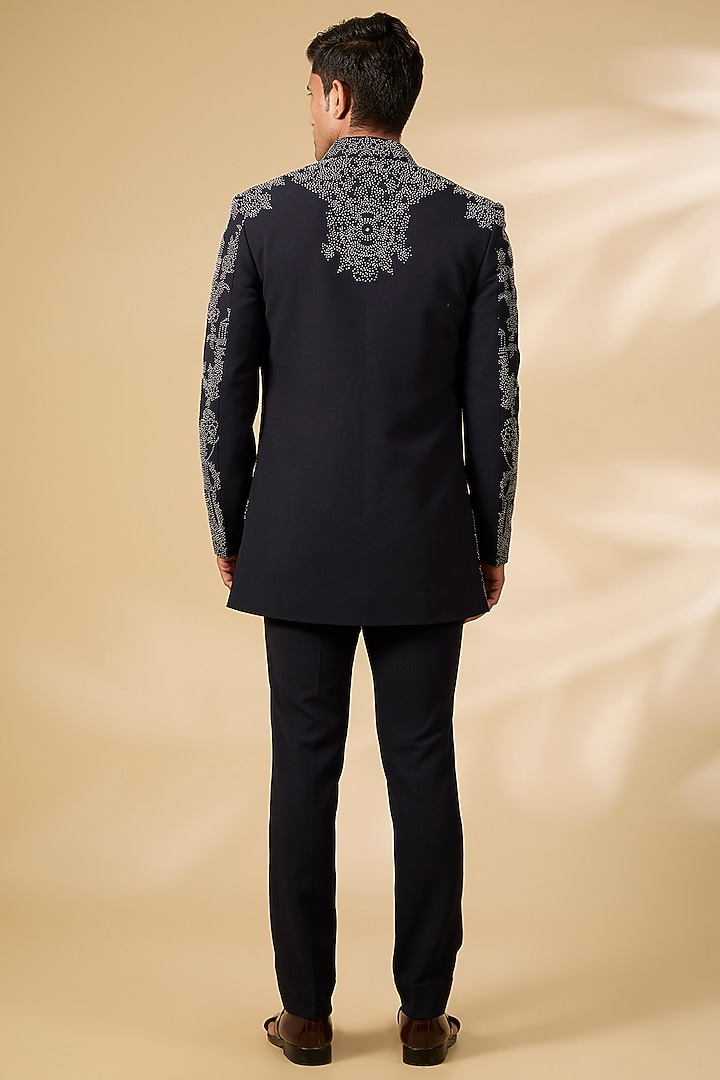 Navy Blue Poly Knit & Lycra Knit Wedding Indowestern Set by AMIT ARORA at Pernia's Pop Up Shop