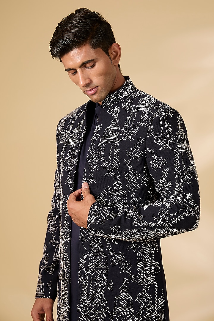 Navy Blue Poly Knit & Lycra Knit Wedding Indowestern Set by AMIT ARORA at Pernia's Pop Up Shop