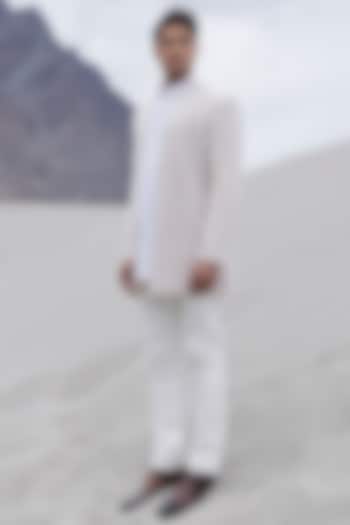 Baby Pink Knit Hand Embroidered Front-Open Wedding Indowestern Jacket Set by AMIT ARORA at Pernia's Pop Up Shop