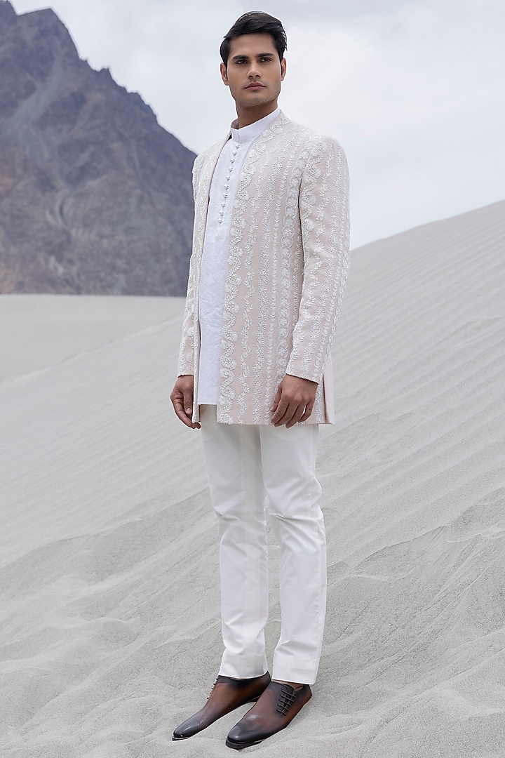 Baby Pink Knit Hand Embroidered Front-Open Wedding Indowestern Jacket Set by AMIT ARORA at Pernia's Pop Up Shop