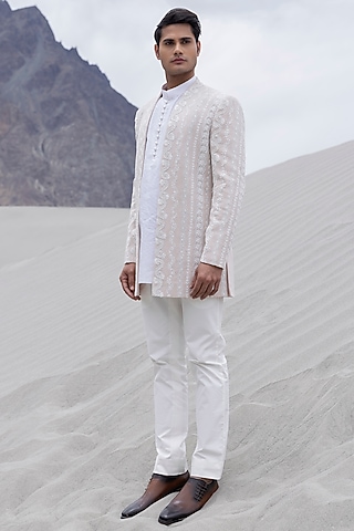 Baby Pink Knit Hand Embroidered Front-Open Indowestern Jacket Set by AMIT ARORA