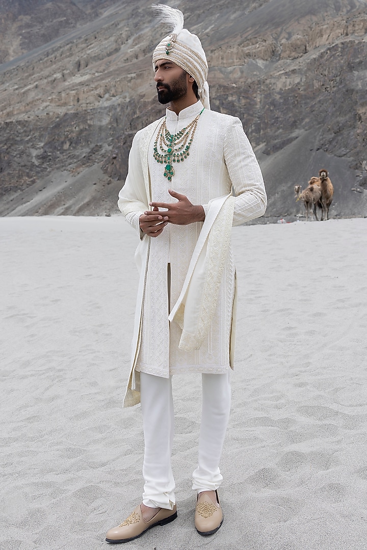 Cream Raw Silk Hand Embroidered Groom Sherwani Set by AMIT ARORA at Pernia's Pop Up Shop