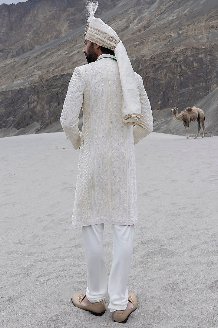 Cream Raw Silk Hand Embroidered Groom Sherwani Set by AMIT ARORA at Pernia's Pop Up Shop