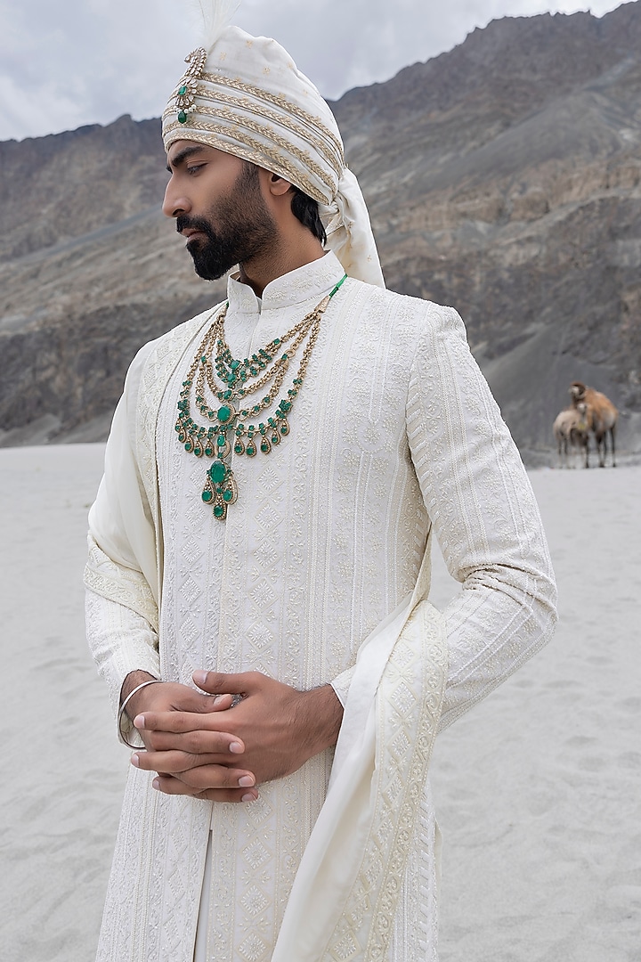 Cream Raw Silk Hand Embroidered Groom Sherwani Set by AMIT ARORA at Pernia's Pop Up Shop