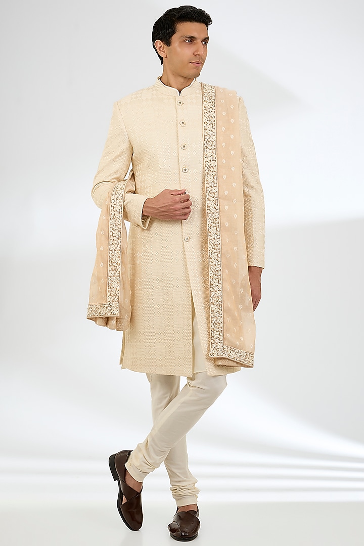 Cream Silk Sherwani Set by AMIT ARORA