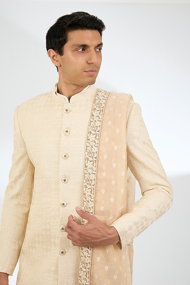 Cream Silk Wedding Sherwani Set by AMIT ARORA at Pernia's Pop Up Shop