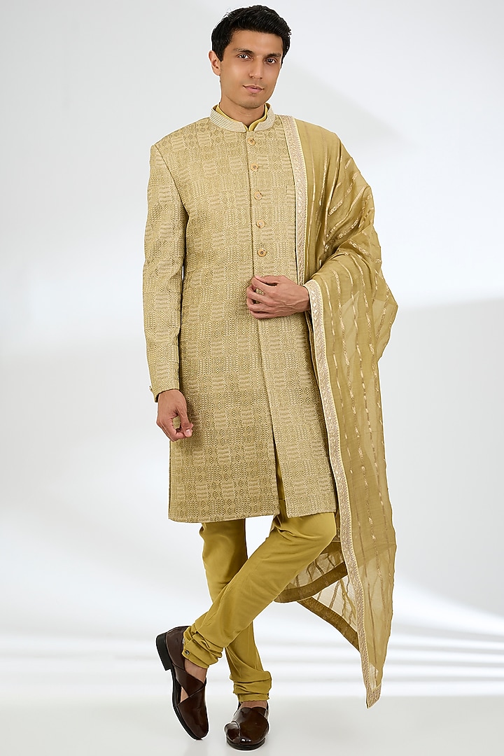 Pista Green Silk Sherwani Set by AMIT ARORA
