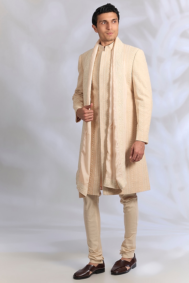 Peach Raw Silk Sherwani Set by AMIT ARORA at Pernia's Pop Up Shop