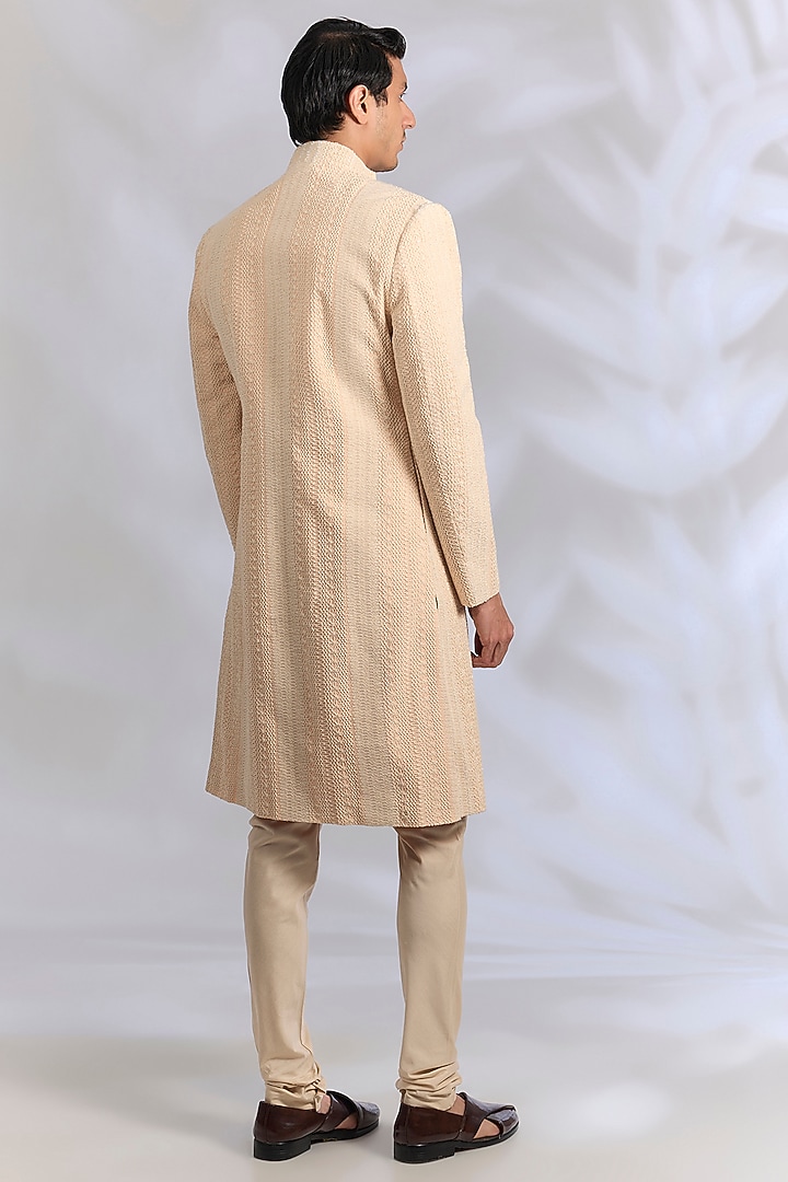 Peach Raw Silk Sherwani Set by AMIT ARORA at Pernia's Pop Up Shop