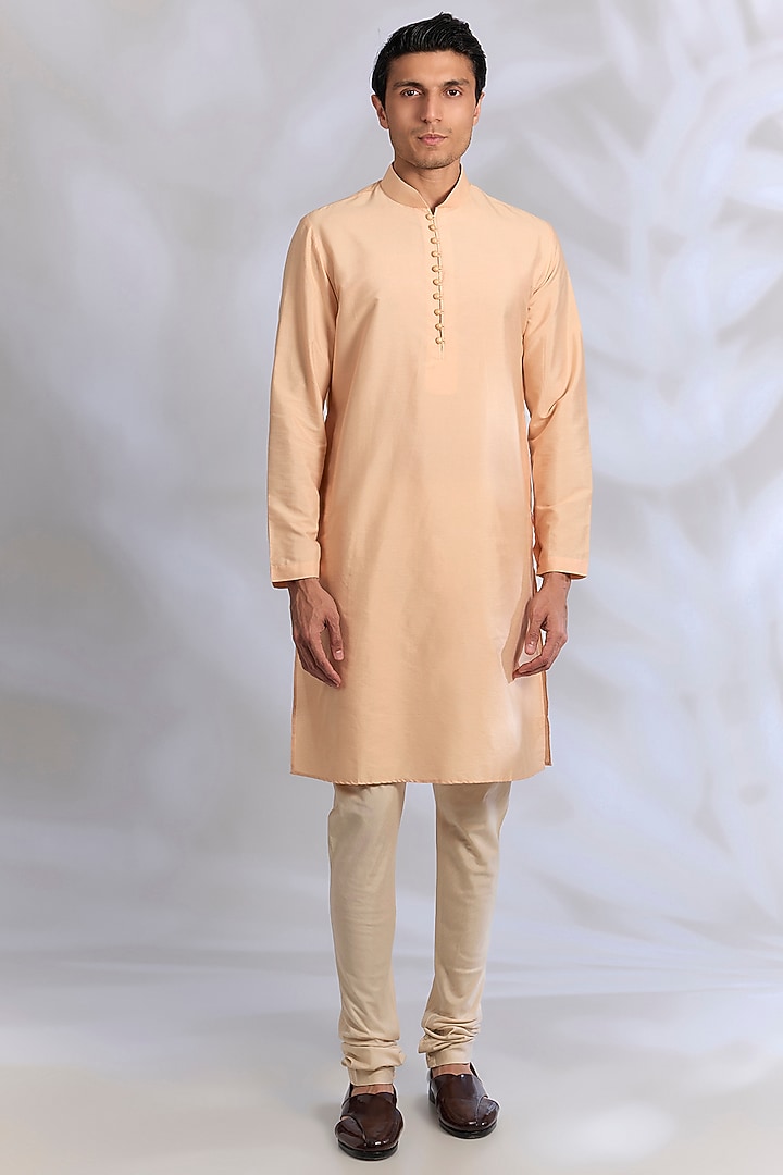 Peach Raw Silk Sherwani Set by AMIT ARORA at Pernia's Pop Up Shop