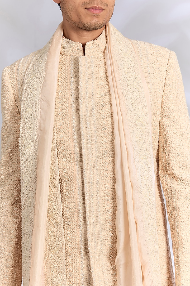 Peach Raw Silk Sherwani Set by AMIT ARORA at Pernia's Pop Up Shop