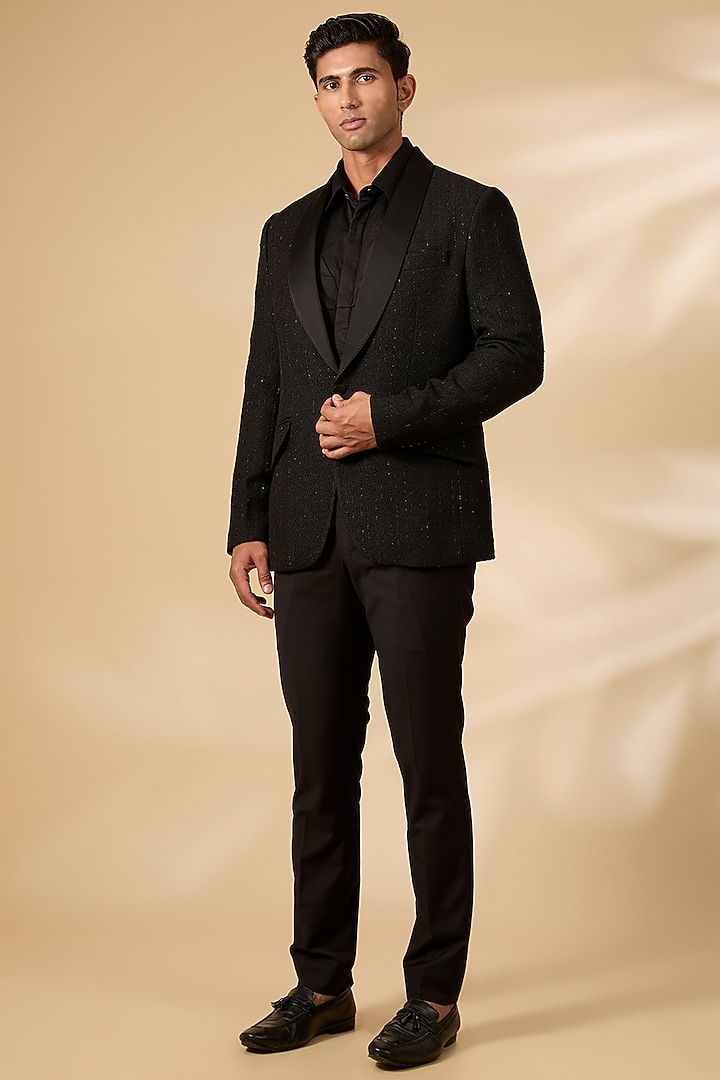 Black Textured Knit Tuxedo Set by AMIT ARORA at Pernia's Pop Up Shop