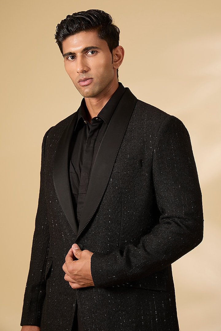 Black Textured Knit Tuxedo Set by AMIT ARORA at Pernia's Pop Up Shop