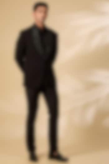 Black Textured Knit Tuxedo Set by AMIT ARORA at Pernia's Pop Up Shop