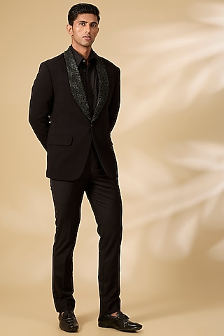 Black Textured Knit Tuxedo Set by AMIT ARORA