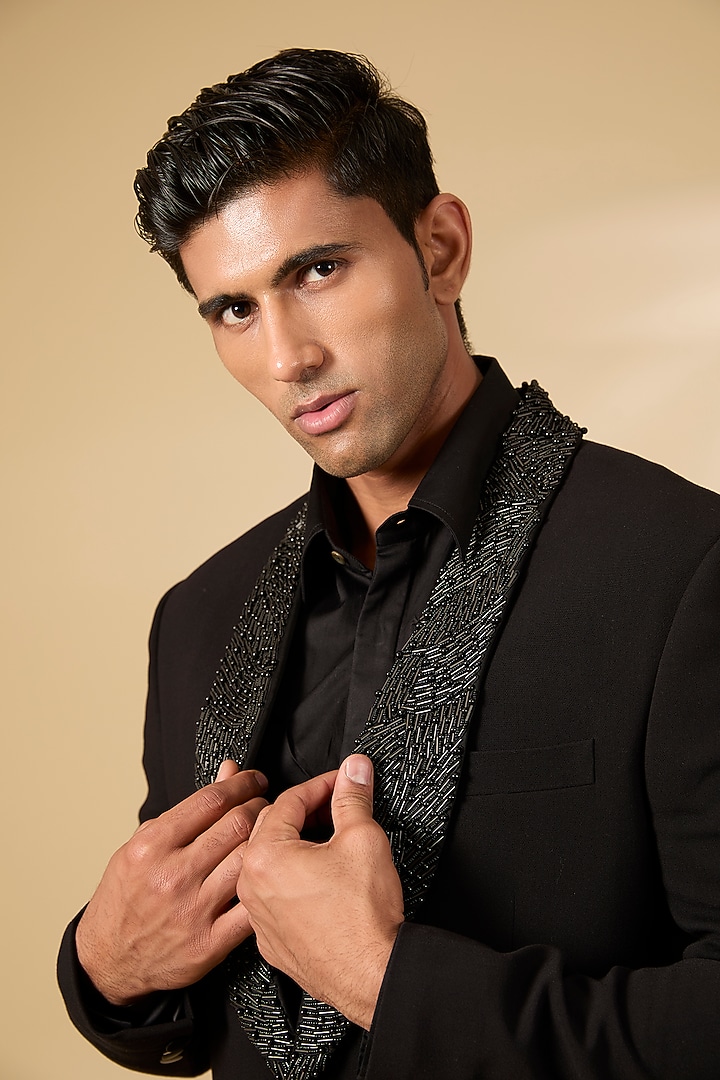Black Textured Knit Tuxedo Set by AMIT ARORA at Pernia's Pop Up Shop