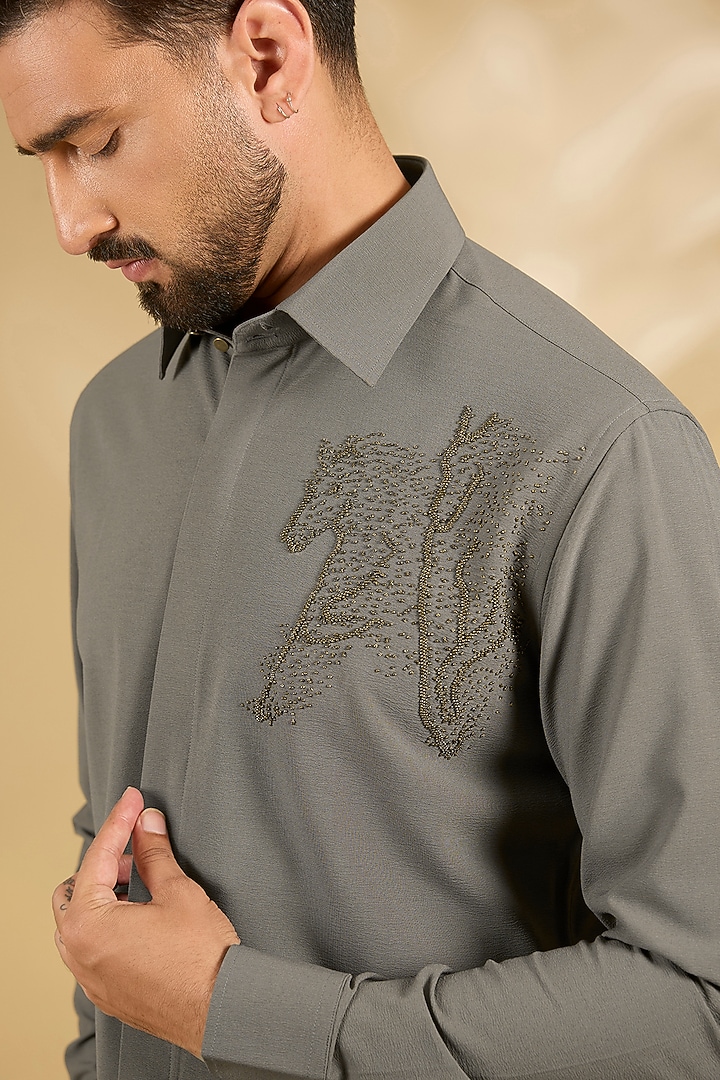 Grey Cotton Party Wear Shirt by AMIT ARORA at Pernia's Pop Up Shop