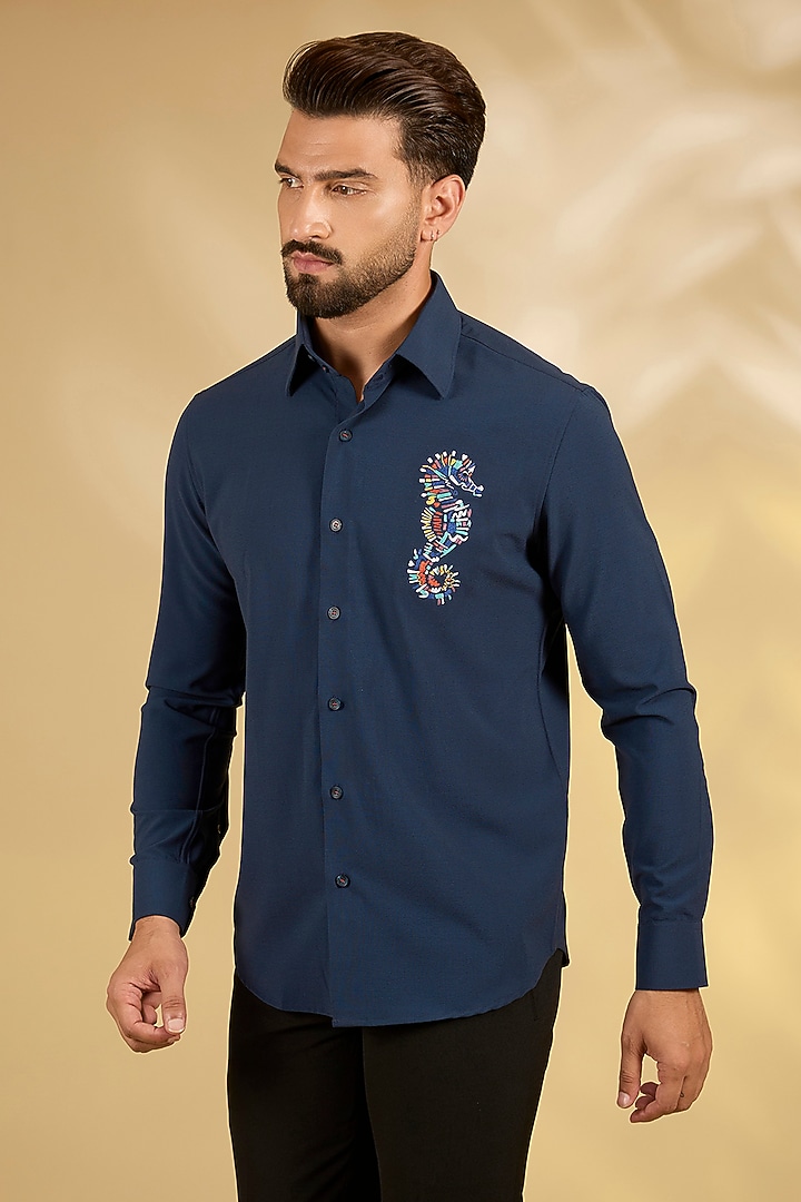 Navy Blue Cotton Party Wear Shirt by AMIT ARORA at Pernia's Pop Up Shop