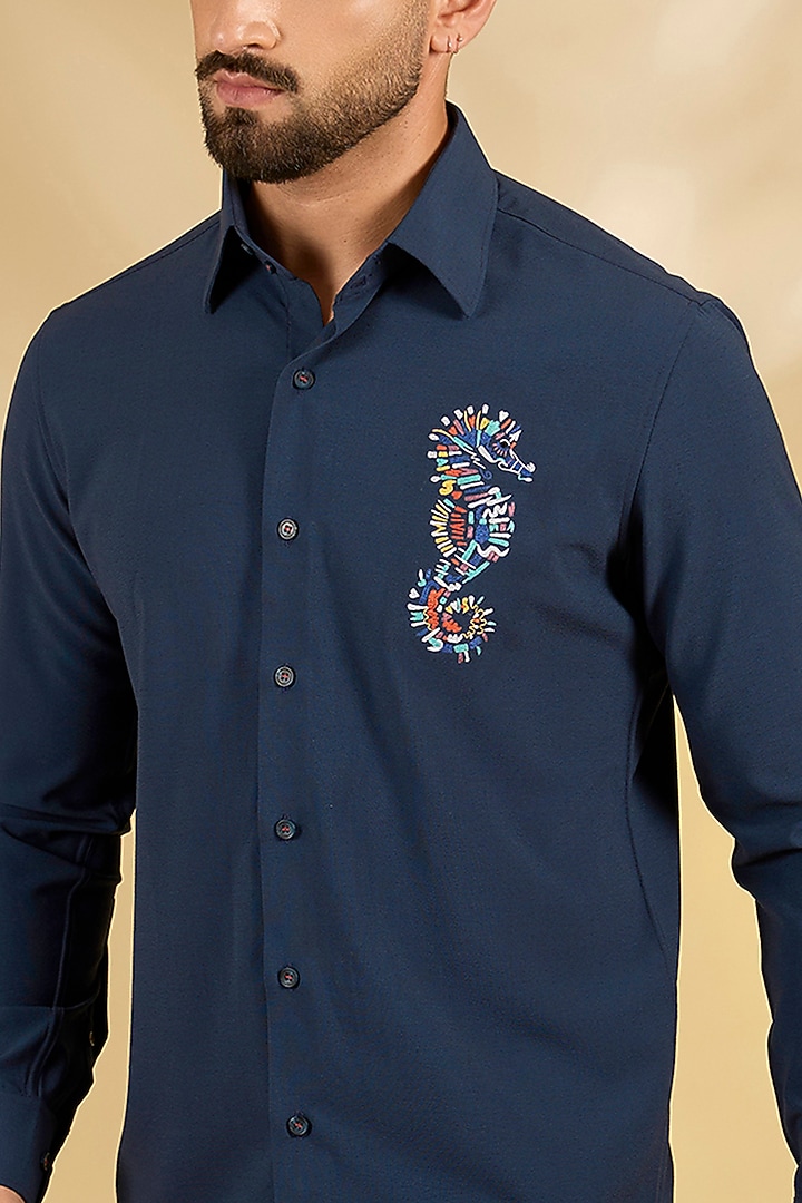 Navy Blue Cotton Party Wear Shirt by AMIT ARORA at Pernia's Pop Up Shop