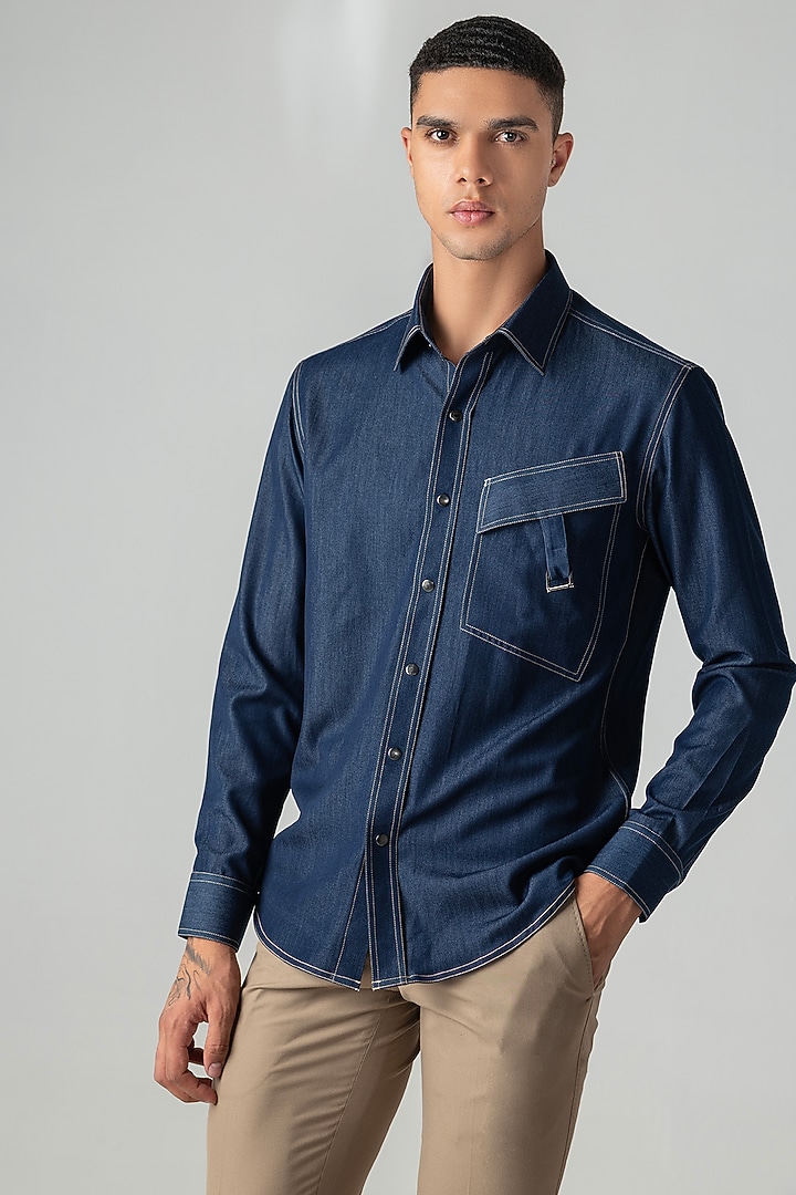 Dark Blue Rayon Denim Party Wear Shirt by AMIT ARORA at Pernia's Pop Up Shop