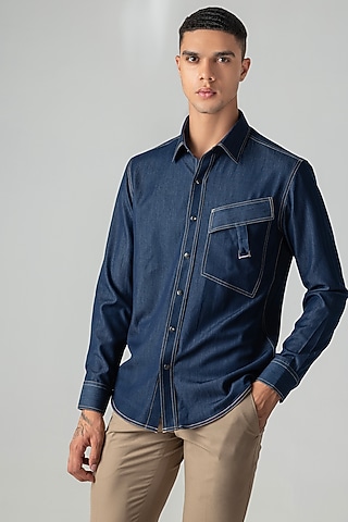 Dark Blue Rayon Denim Shirt by AMIT ARORA