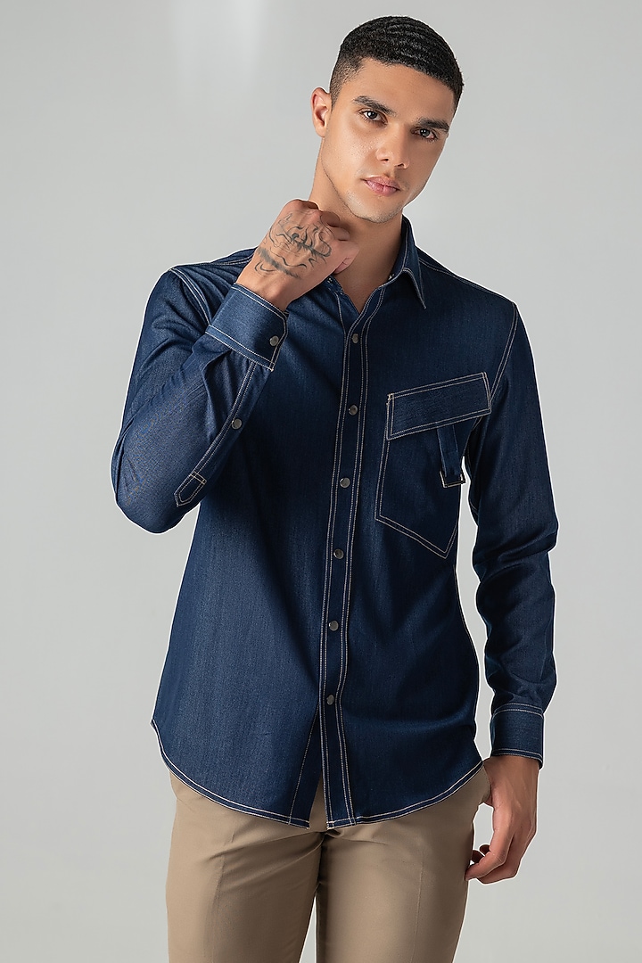 Dark Blue Rayon Denim Party Wear Shirt by AMIT ARORA at Pernia's Pop Up Shop