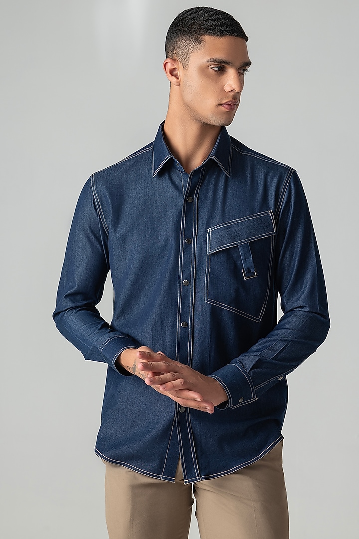 Dark Blue Rayon Denim Party Wear Shirt by AMIT ARORA at Pernia's Pop Up Shop