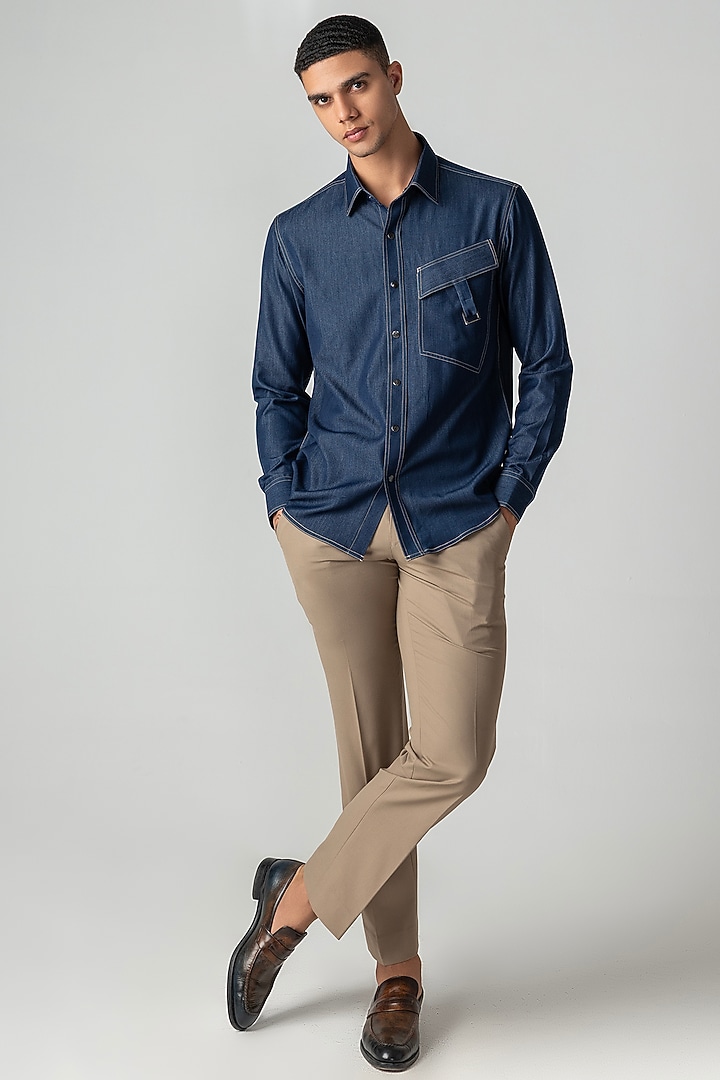 Dark Blue Rayon Denim Party Wear Shirt by AMIT ARORA at Pernia's Pop Up Shop
