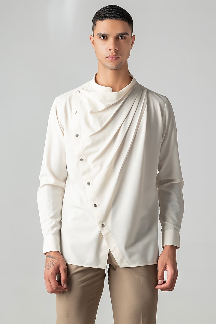 Cream Tencel Asymmetric Party Wear Shirt by AMIT ARORA at Pernia's Pop Up Shop