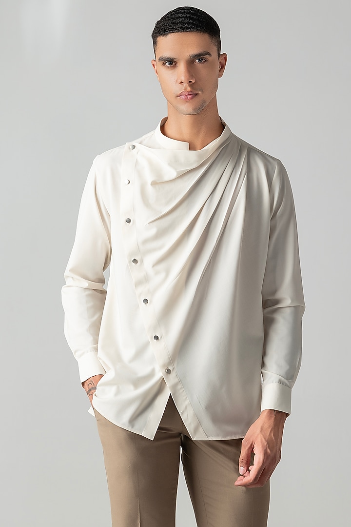 Cream Tencel Asymmetric Party Wear Shirt by AMIT ARORA at Pernia's Pop Up Shop