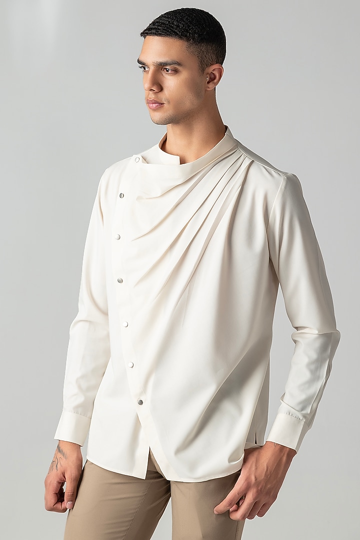 Cream Tencel Asymmetric Party Wear Shirt by AMIT ARORA at Pernia's Pop Up Shop