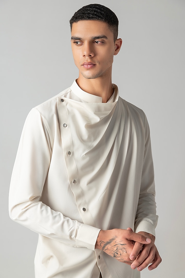 Cream Tencel Asymmetric Party Wear Shirt by AMIT ARORA at Pernia's Pop Up Shop