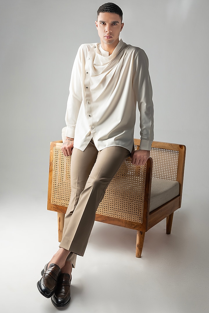 Cream Tencel Asymmetric Party Wear Shirt by AMIT ARORA at Pernia's Pop Up Shop
