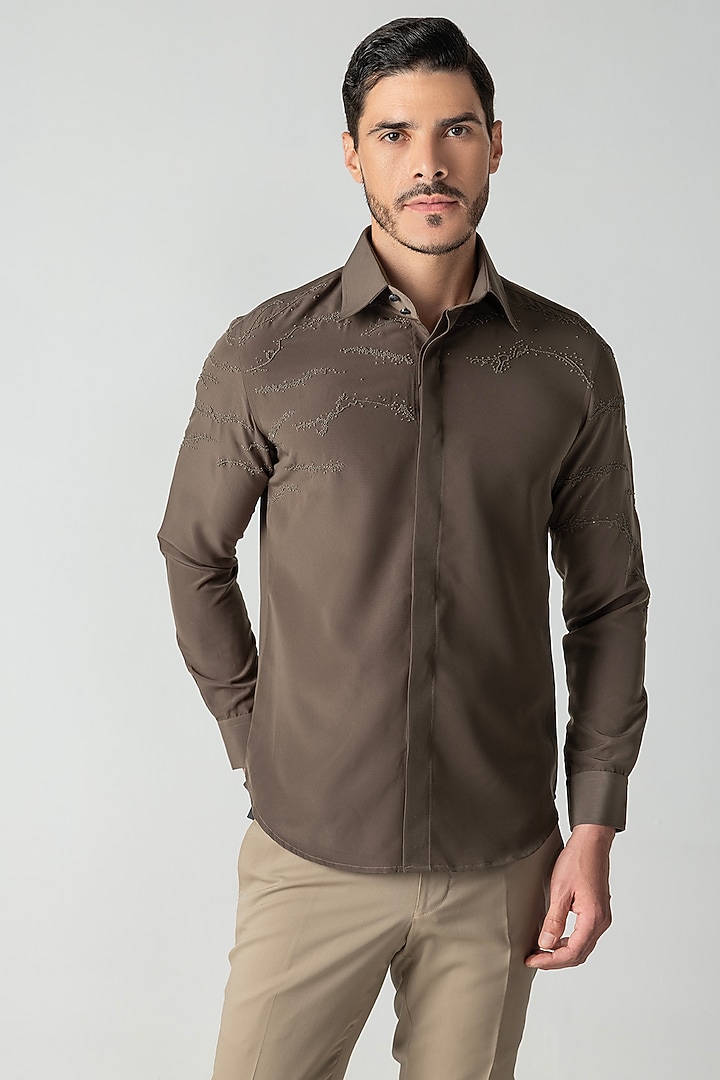 Olive Green Polynosic Hand Embroidered Party Wear Shirt by AMIT ARORA at Pernia's Pop Up Shop