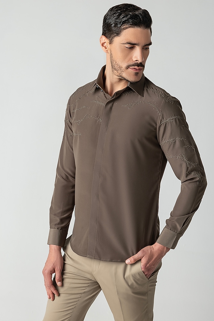 Olive Green Polynosic Hand Embroidered Party Wear Shirt by AMIT ARORA at Pernia's Pop Up Shop