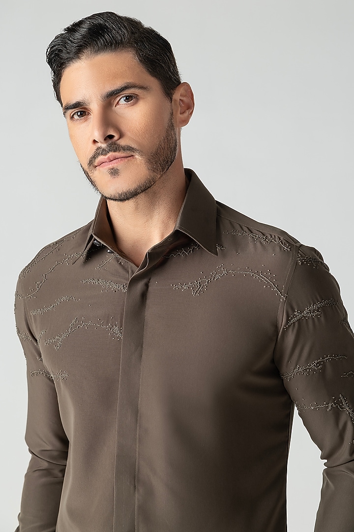 Olive Green Polynosic Hand Embroidered Party Wear Shirt by AMIT ARORA at Pernia's Pop Up Shop