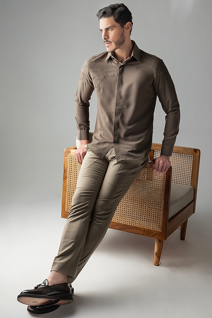 Olive Green Polynosic Hand Embroidered Party Wear Shirt by AMIT ARORA at Pernia's Pop Up Shop