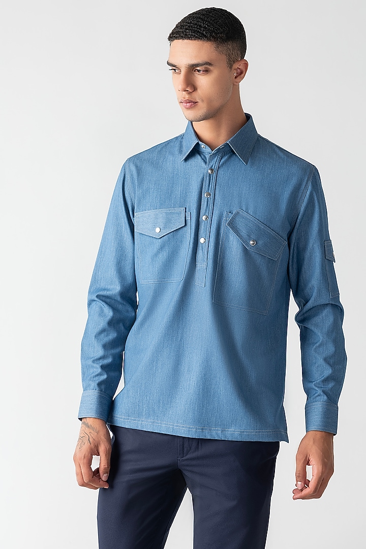Light Blue Rayon Denim Party Wear Shirt by AMIT ARORA at Pernia's Pop Up Shop