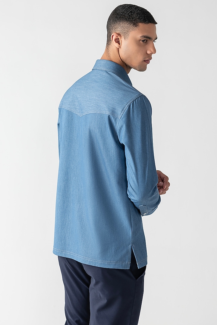 Light Blue Rayon Denim Party Wear Shirt by AMIT ARORA at Pernia's Pop Up Shop